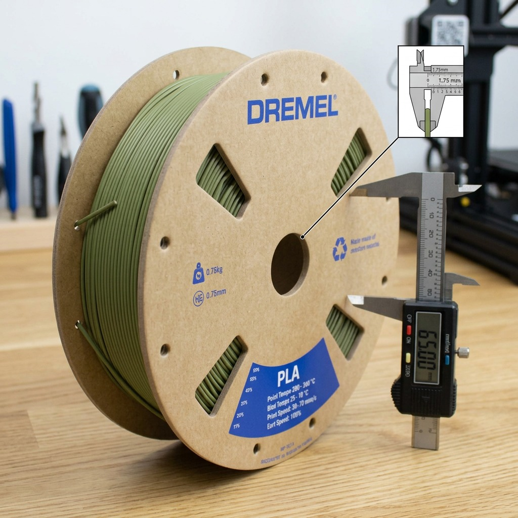 High-resolution centered hero shot of a Dremel matte olive green PLA filament spool on a pure white background.