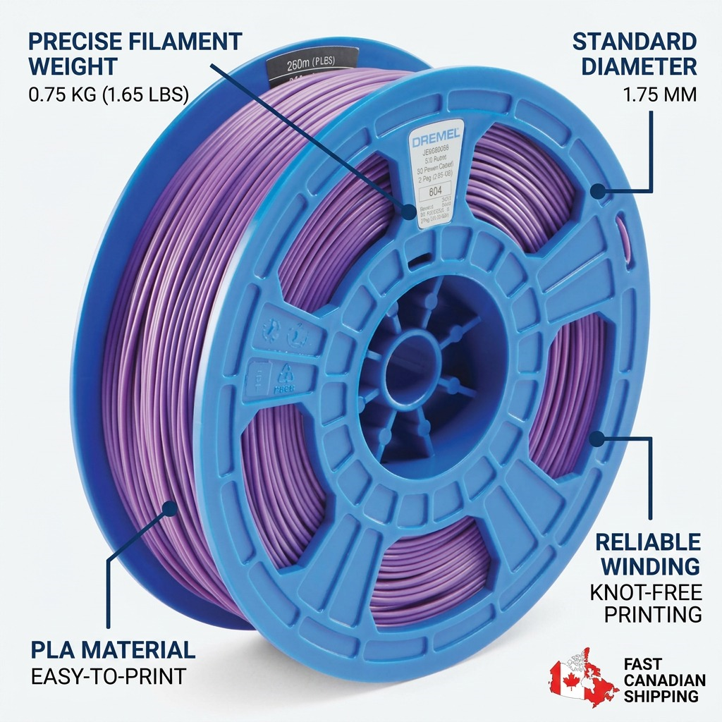 Dremel – Filament PLA violet, 1,75 mm, 0,75 kg — gros plan des détails, réf. PLA-PUR-01