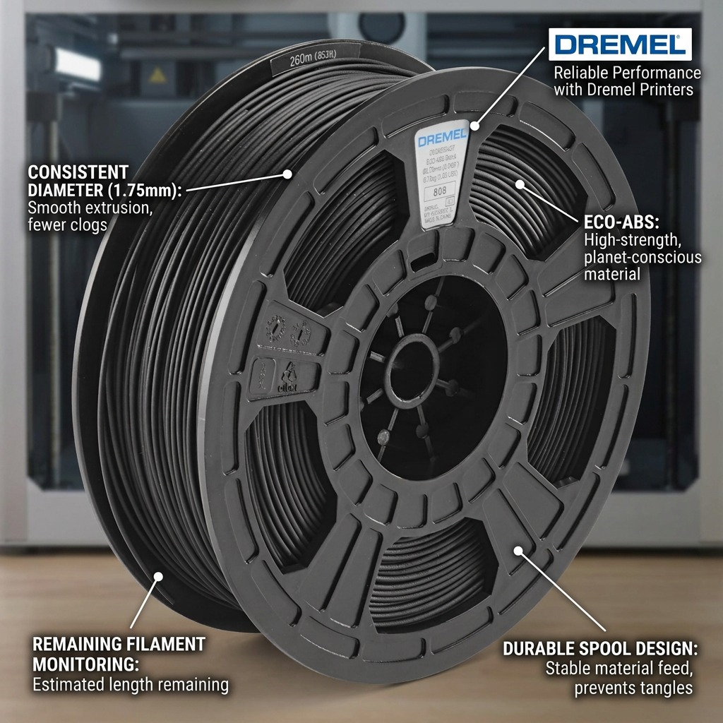 Dremel – Filament ECO-ABS noir, 1,75 mm, 0,75 kg — présentation des caractéristiques, réf. ECO-BLA-01