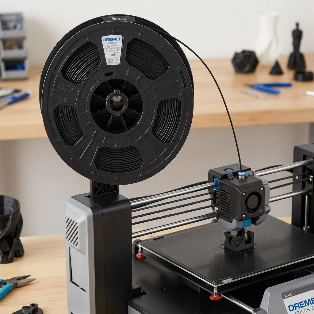 Dremel – Filament ECO-ABS noir, 1,75 mm, 0,75 kg — présentation en situation, réf. ECO-BLA-01