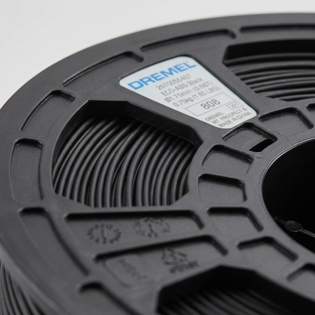 Dremel – Filament ECO-ABS noir, 1,75 mm, 0,75 kg — gros plan des détails, réf. ECO-BLA-01