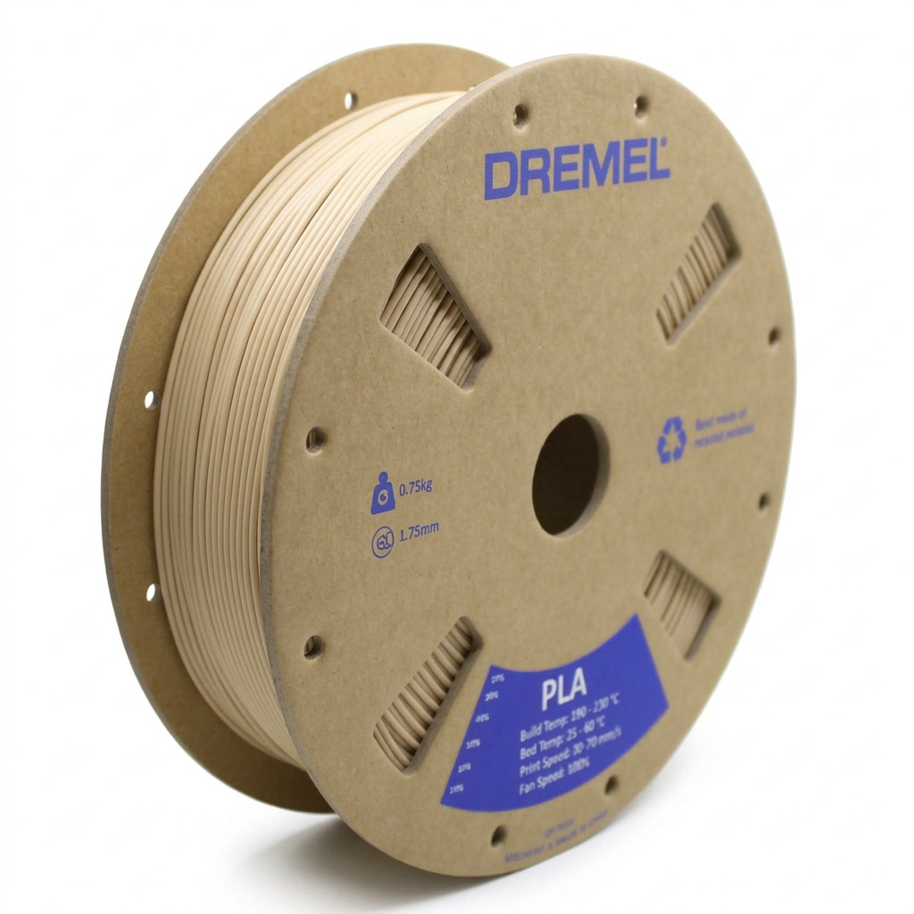 A high-resolution product photograph of a 0.75kg spool of Dremel PLA filament in matte beige, with original labeling, on a pure white background.