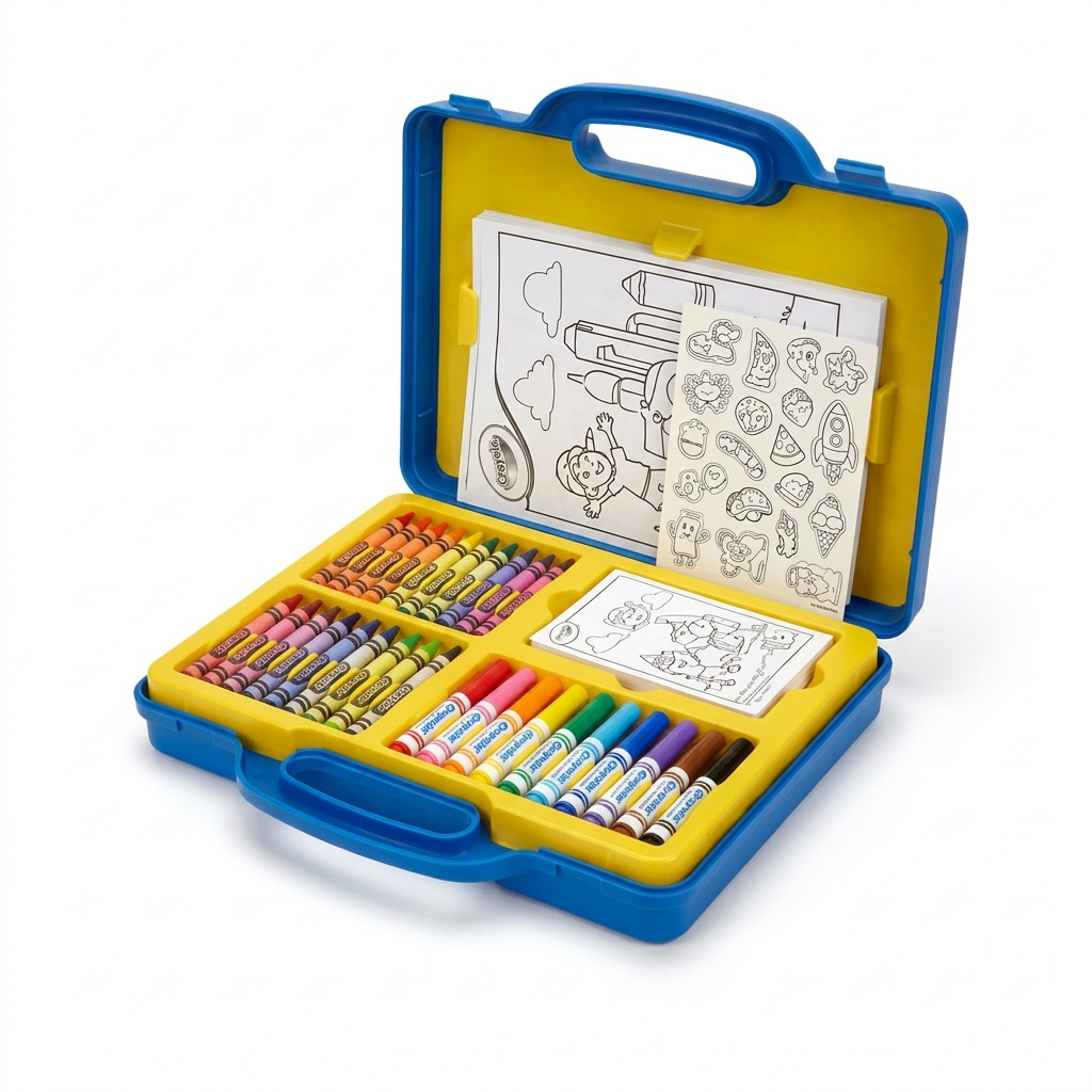 Open blue Crayola portable activity set with crayons, markers, stickers, and coloring pages.