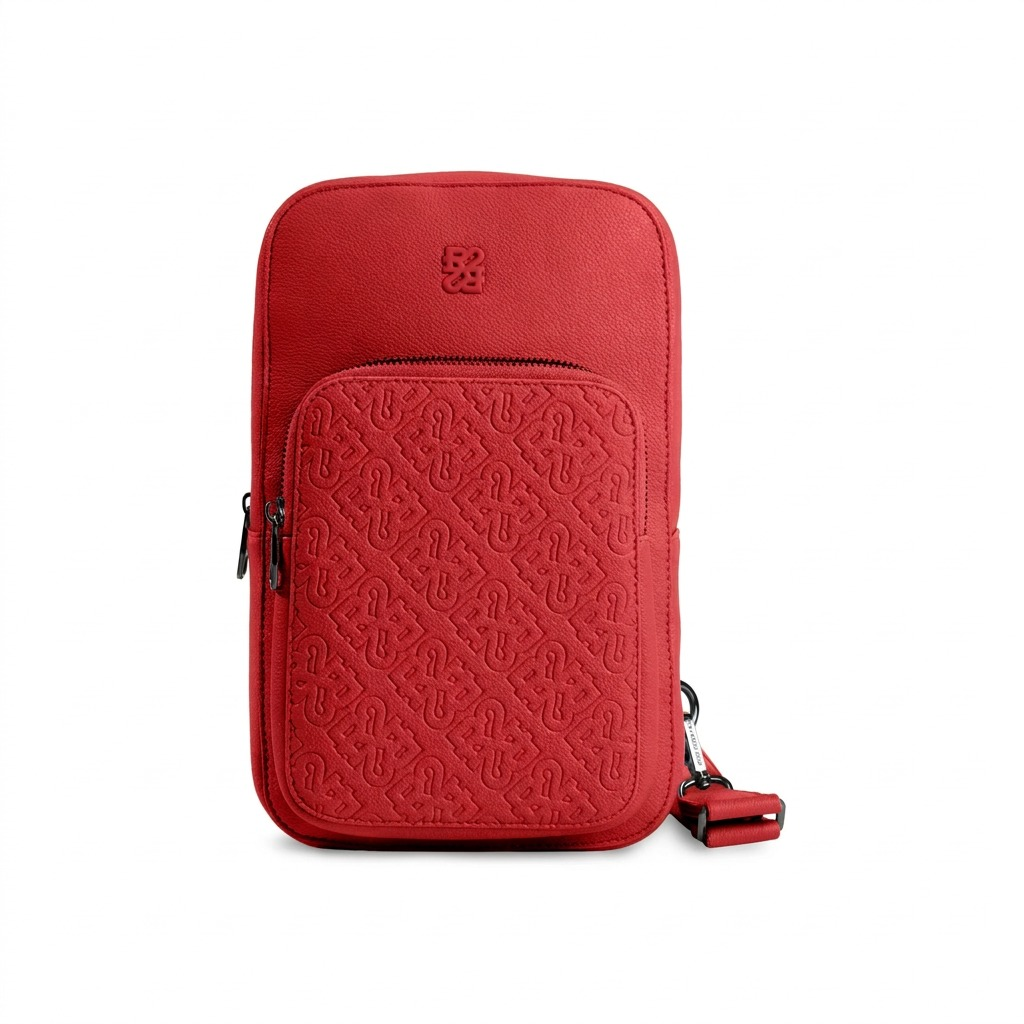 A clean, high-resolution hero shot of the red Bugatti Rick Ross sling bag on a white background.