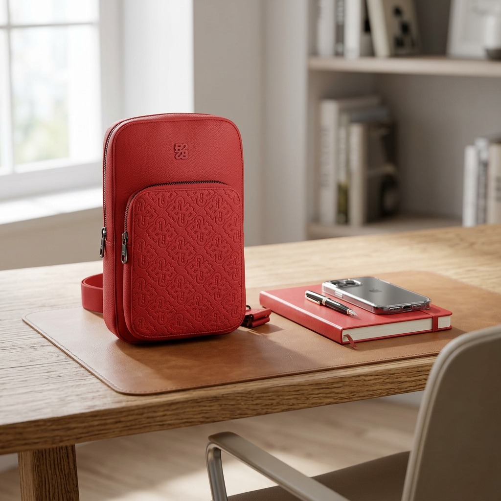 A clean, high-resolution hero shot of the red Bugatti Rick Ross sling bag on a white background.