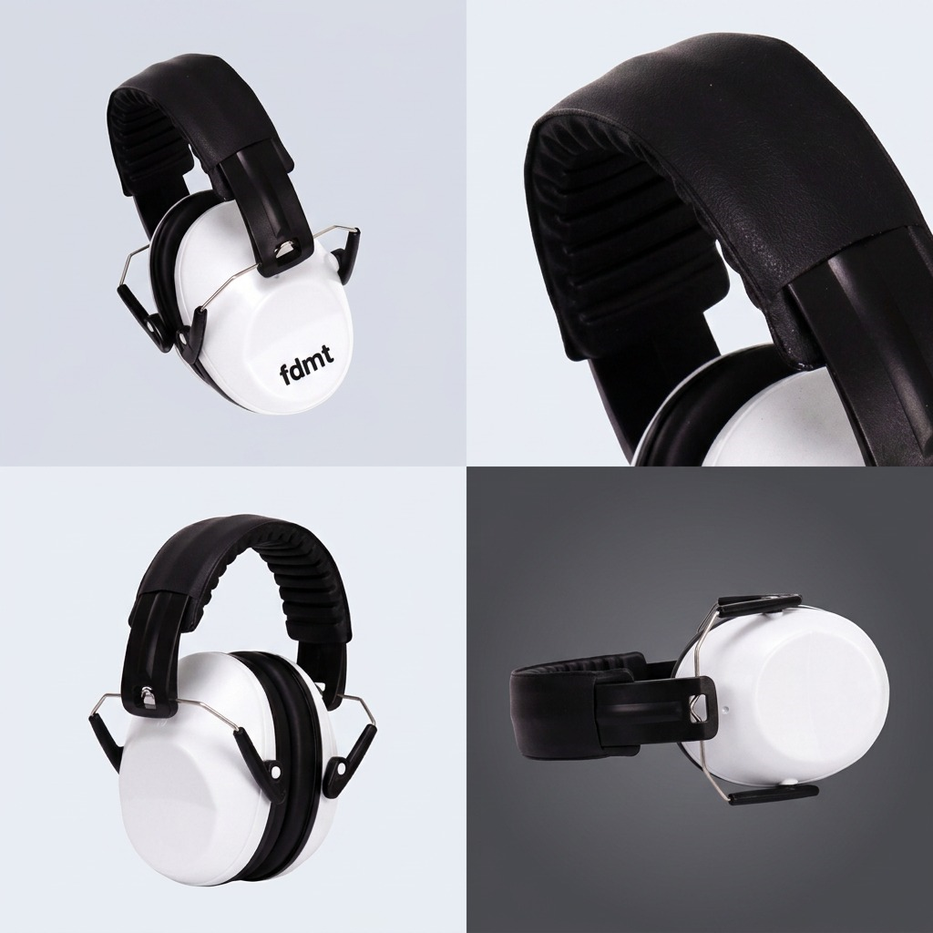 White fdmt noise reduction earmuffs with a black padded headband on a white background.