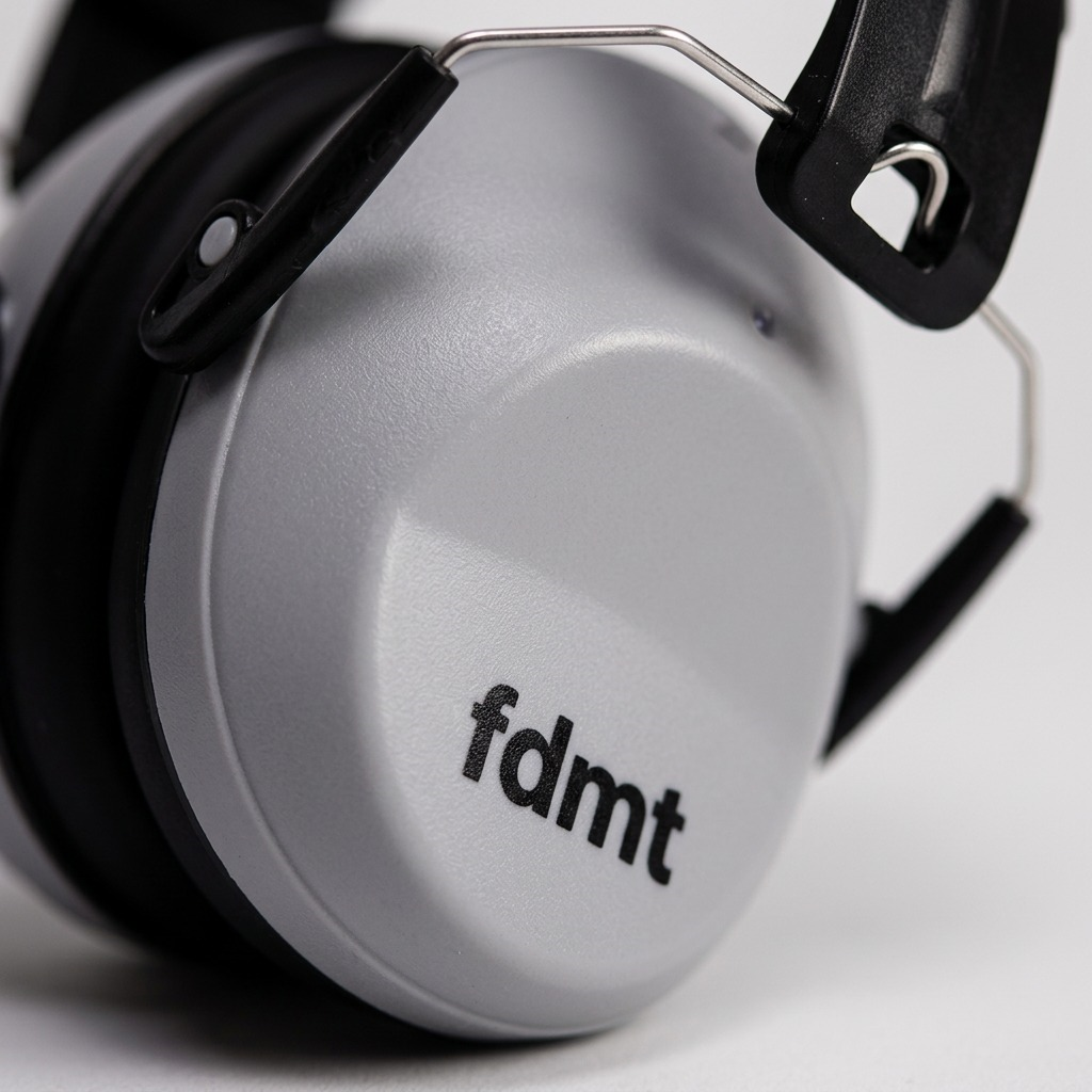 A hand rests on gray fdmt noise reduction earmuffs on a desk, providing a scale reference.