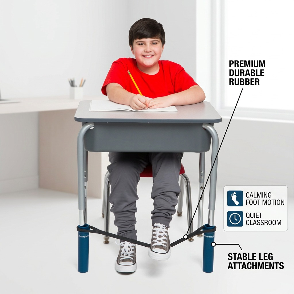 fdmt Bouncyband for Desk: Blue plastic cylinders with black sensory band for quiet fidgeting.