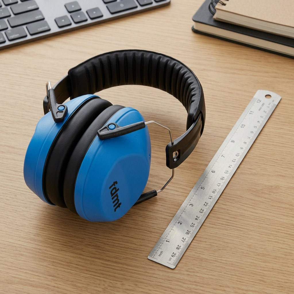 fdmt blue sensory earmuffs with black padded headband for noise protection on a white background.