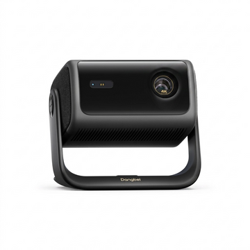 A crisp, high-resolution hero image of the Dangbei MP1-Max 4K projector, precisely as depicted in image_0.png, showcasing its lens, sensor, vented body, side speakers, and swivel stand against a clean white background. Centered composition with sharp focus and clean shadows. The stand clearly displays the 'Dangbei' logo without additional text overlay. The 4K lens detail is well-lit but not exaggerated. Precise representation for an ecommerce product page.