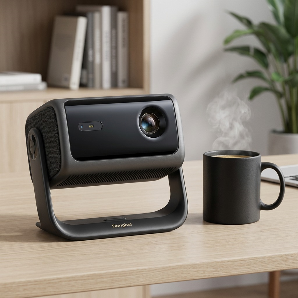 A crisp, high-resolution hero image of the Dangbei MP1-Max 4K projector, precisely as depicted in image_0.png, showcasing its lens, sensor, vented body, side speakers, and swivel stand against a clean white background. Centered composition with sharp focus and clean shadows. The stand clearly displays the 'Dangbei' logo without additional text overlay. The 4K lens detail is well-lit but not exaggerated. Precise representation for an ecommerce product page.