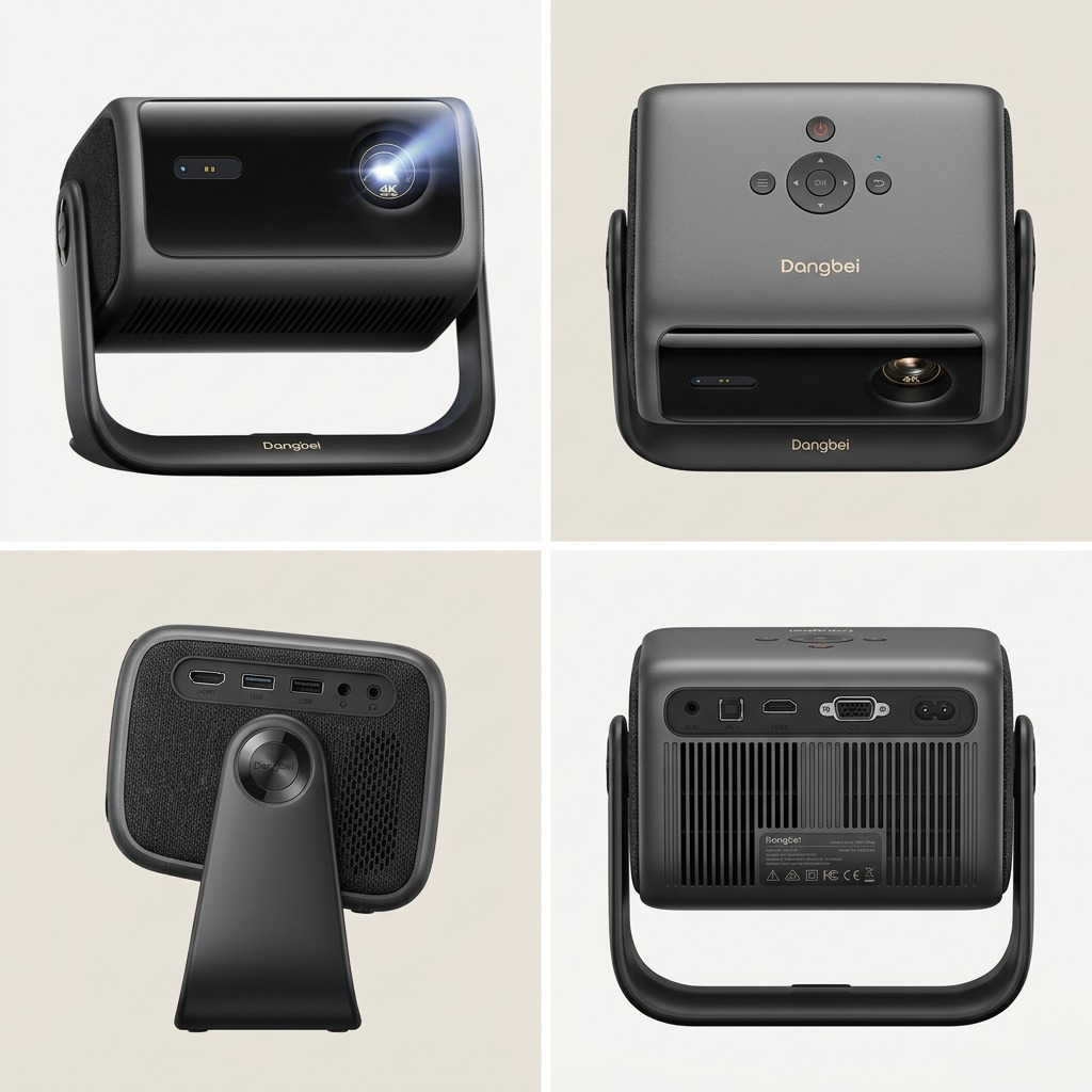 A clean, four-panel photographic matrix displaying the identical Dangbei 4K projector from multiple key angles.