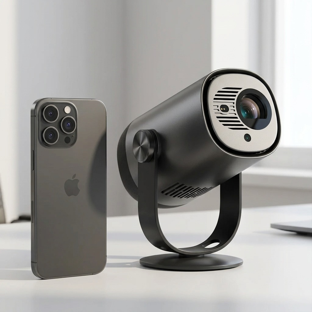 A scale photo of the dark gray Dangbei Freedo projector next to a smartphone on a white desk.