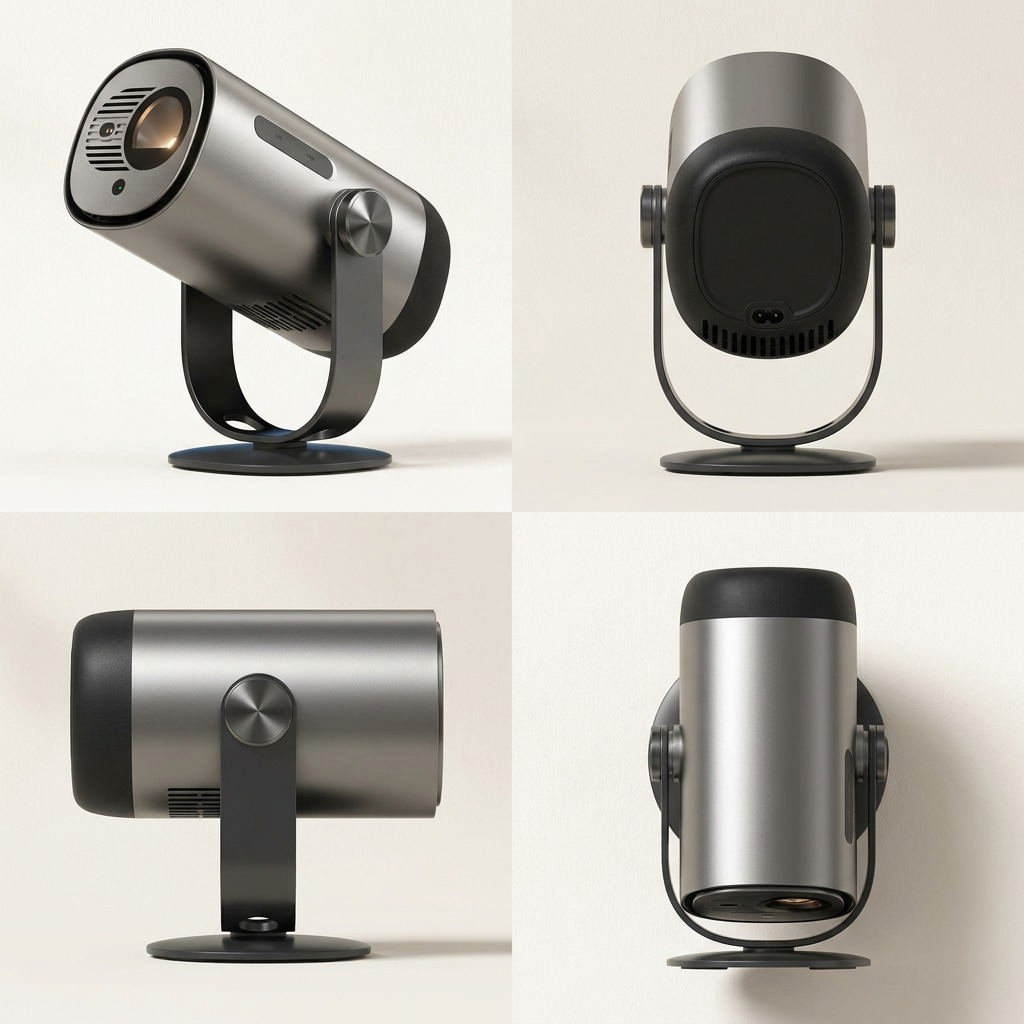 A grid displaying the smart portable projector from front 3/4, side, rear, and top-down angles on a clean background.