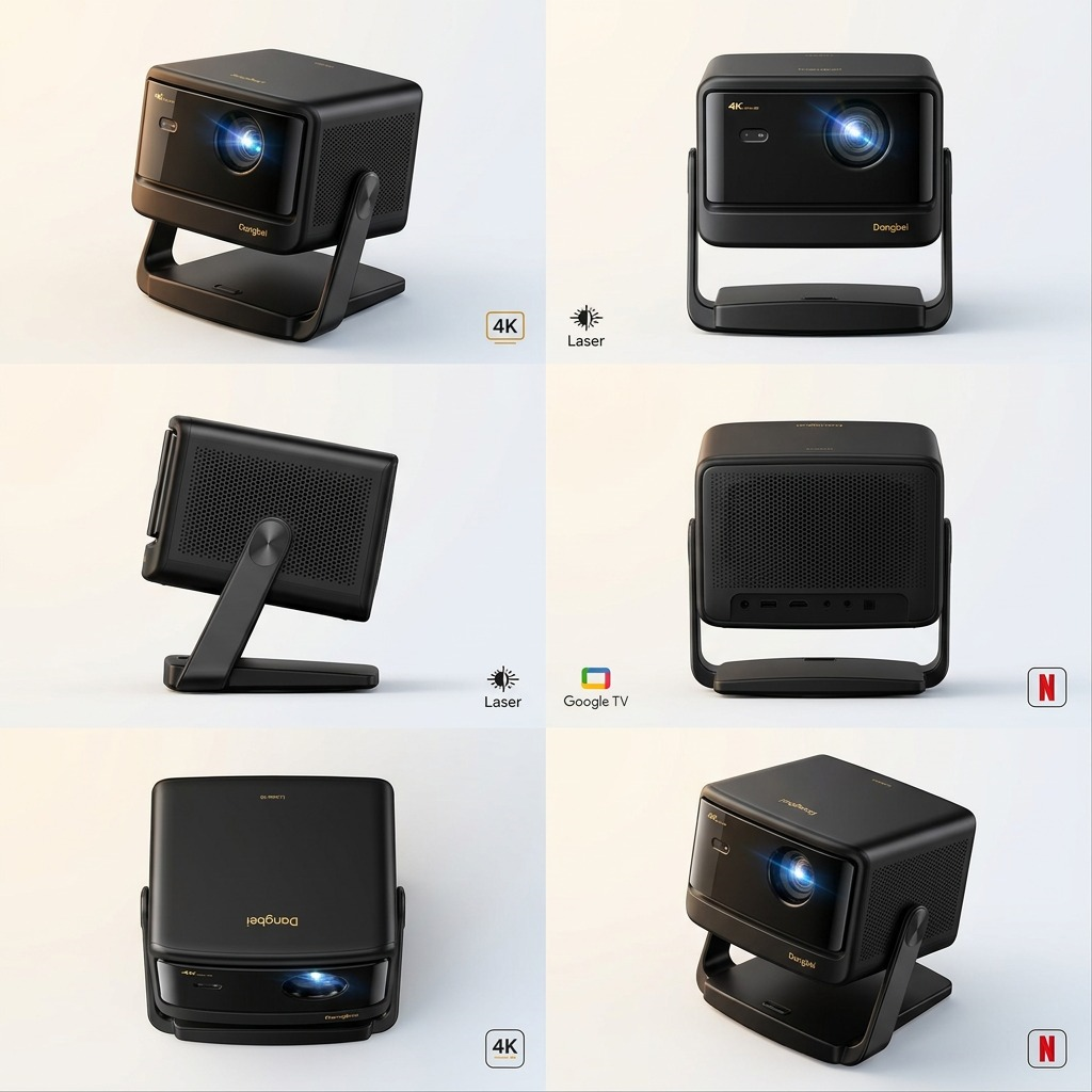 A clean ecommerce grid matrix displaying the black Dangbei DBOX02-Pro projector from multiple useful angles.