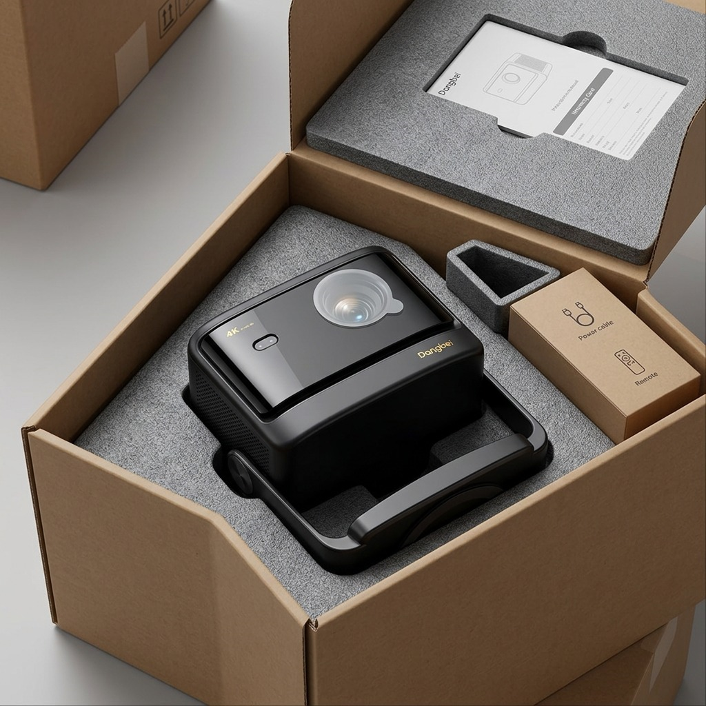 A realistic photo of the Dangbei DBOX02 Pro projector safely encased in custom protective foam within a box.