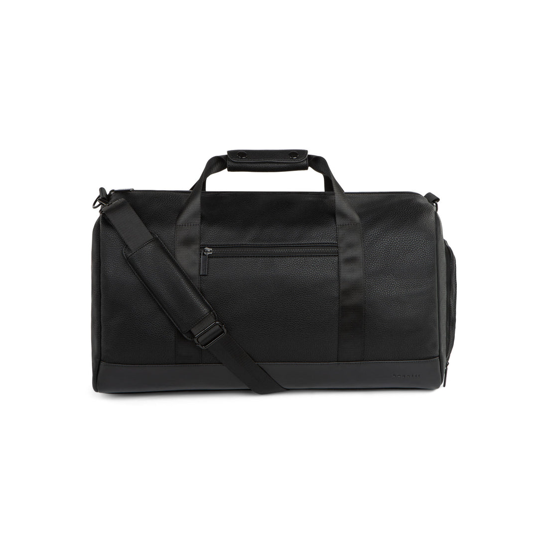 Vue de face du sac de voyage noir Bugatti Central en cuir végétalien texturé