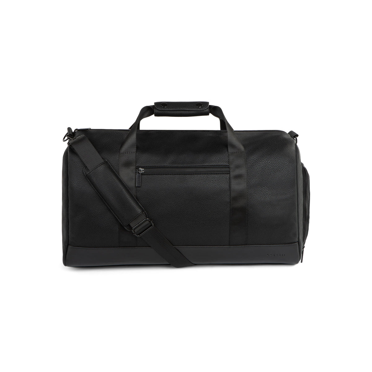 Vue de face du sac de voyage noir Bugatti Central en cuir végétalien texturé