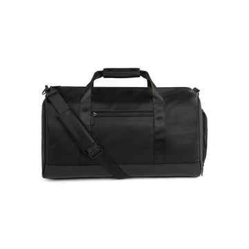 Vue de face du sac de voyage noir Bugatti Central en cuir végétalien texturé