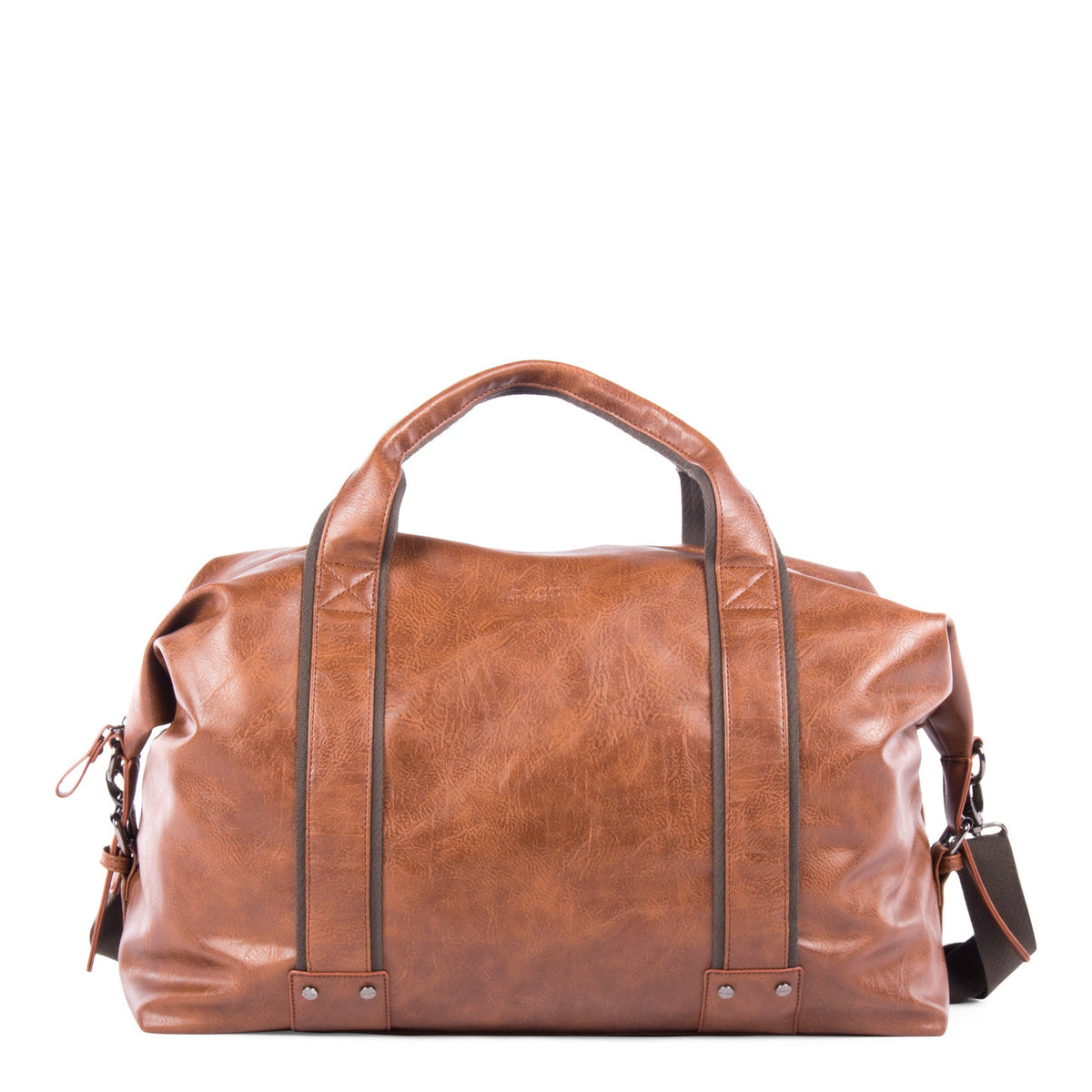 Sac de voyage Bugatti Valentino cognac en cuir végétalien avec anses et bandoulière, vue de face