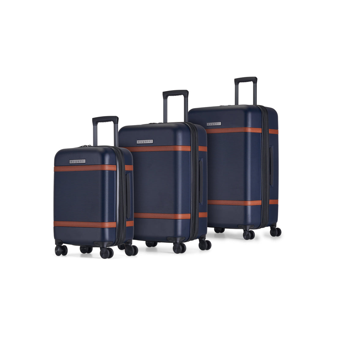 Ensemble de trois valises rigides bleu marine Bugatti Wellington, modèles cabine, moyen et grand