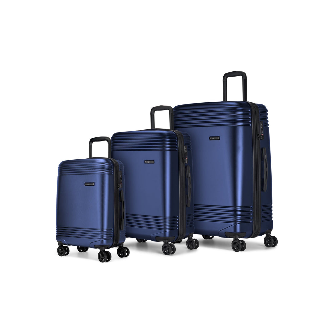 Ensemble de trois valises rigides Bugatti Nashville bleu marine, tailles cabine, moyenne et grande