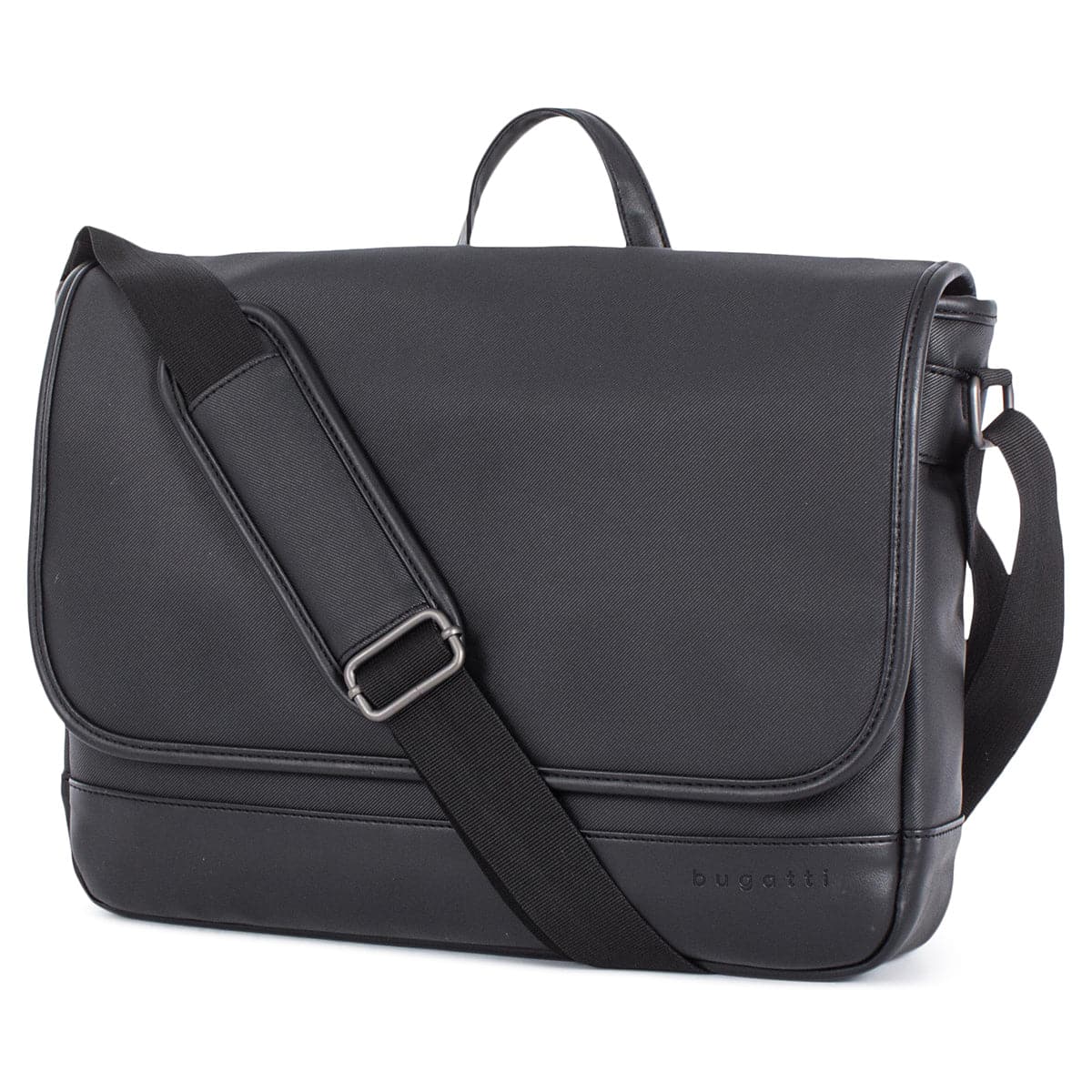 Sac messager noir Bugatti Gin & Twill MSG2051BU, vue de trois quarts avec bandoulière